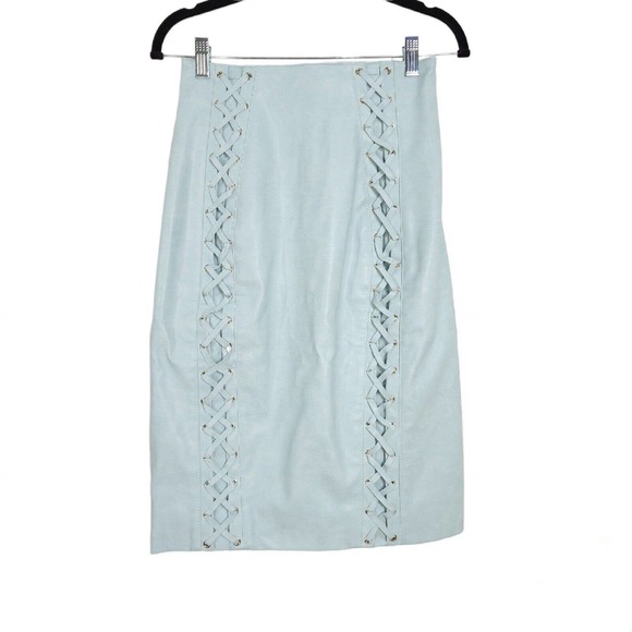 House of CB Womens Skirt Toriola Blue Vegan Leather Lace Up Pencil High Rise S - Picture 3 of 11